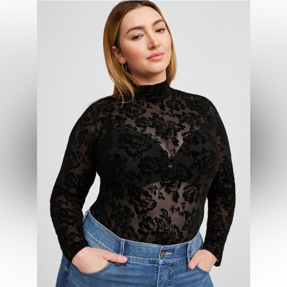 torrid Tops - TORRID Flocked Mesh Mock Neck Black Long Sleeve Floral Top Size 1X 14/16 NEW
